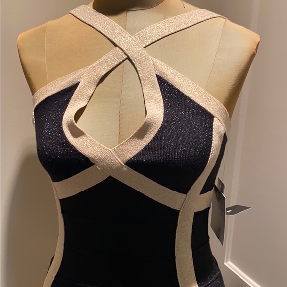 DESIGNER BANDAGE BODYCON DRESS GOLD AND BLACK - Picture 2 of 3